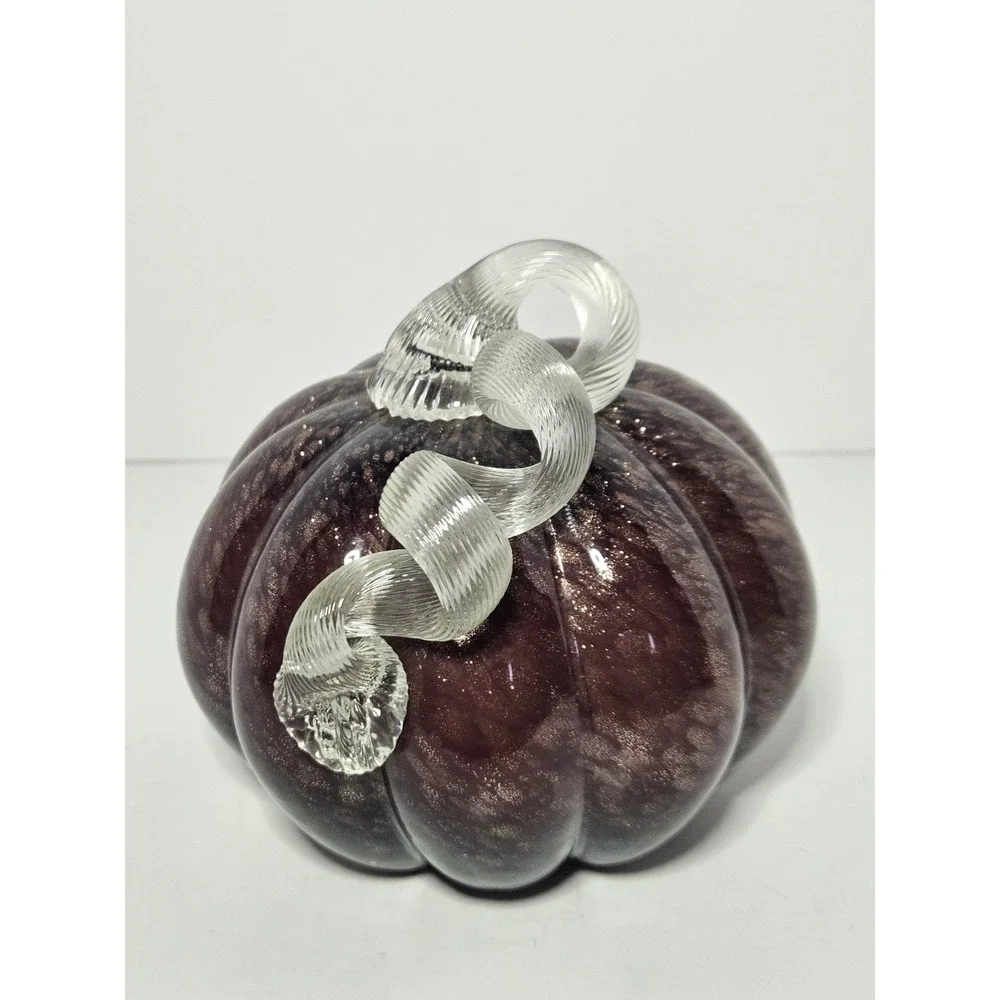 Maroon Hand Blown Glass Pumpkin Speckled Gold Glitter Curled Clear Stem Fall 6in